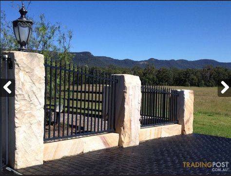 Sandstone Sandstone Fence, Sloped Backyard Landscaping, Gate Post, Sloped Backyard, Timber Fencing, Front Fence, Front Gate, Wrought Iron Fences, Stone Cladding