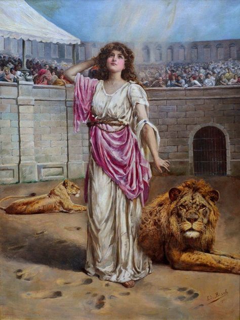 Unknown artist St. Marciana was not harmed by the lion in the arena I have no further description of this artwork at this time Mark Of The Lion, Christian Martyrs, Marshal Arts, Saint Agatha, Roman Gods, Rome Antique, Roman Goddess, Prayer Candles, Historical Painting