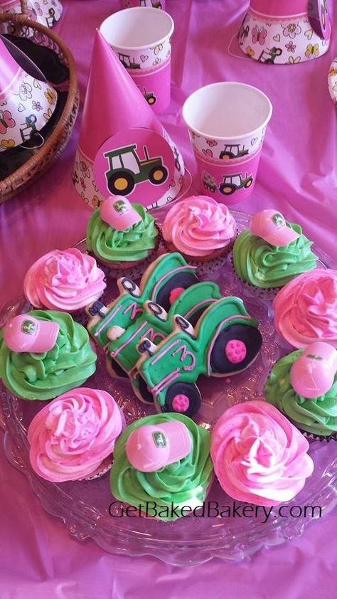 Tractor Or Tutu Gender Reveal, Tractors And Tutus Birthday Party, Pink Tractor Birthday Party, Pink Tractor Cookies, Tractors Or Tutus Gender Reveal, John Deere 2nd Birthday Party Ideas, Tractor Cupcakes, Handmade Baby Shower Invitations, Baby Shower Cake Table