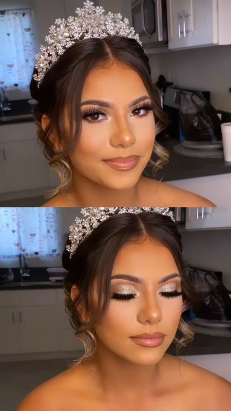 Natural Makeup Sweet 16, Hair Updos Quinceañera, Quinceañeras Makeup Natural, Homecoming Queen Hairstyles With Crown, Makeup Ideas Natural Quince, Makeup For Sweet 16 Natural, Makeup Look For Quinceanera, Makeup Looks For A Quinceanera, 15 Hairstyles With Crown Half Up