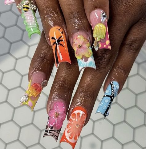 #nails #nailart #nailtech #flowers #orchids #nailsart #beach #naildesign #summernails #fashion #style #summervibes #inspo Gyaru Nails Tropical, Harajuku Nails, Nails Tropical, Gyaru Nails, Flowers Orchids, Tropical Nails, Flower Nails, Nails Nailart, Nail Ideas