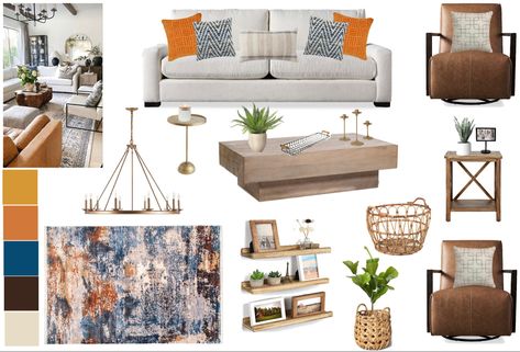 Mood Board Modern Living Room Blue Orange And Cream Living Room, Neutral Living Room With Orange Accents, Tan Couch Living Room, Blue And Orange Living Room, Beige Sofa Living Room, Texas Apartment, Living Room Decor Orange, Burnt Orange Living Room, Decor Mood Board