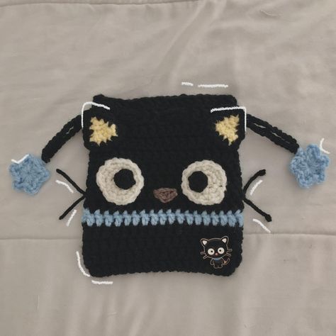 Chococat pouch 🐈‍⬛ ✿ handmade by me ✿ 6”x6” ✿... - Depop Cat Pouch Crochet, Crochet Croquette, Sanrio Pouch, Cute Pouch, Crochet Pouch Bag, Pouch Crochet, Crochet Cord, Crochet Pouch, Crochet Business