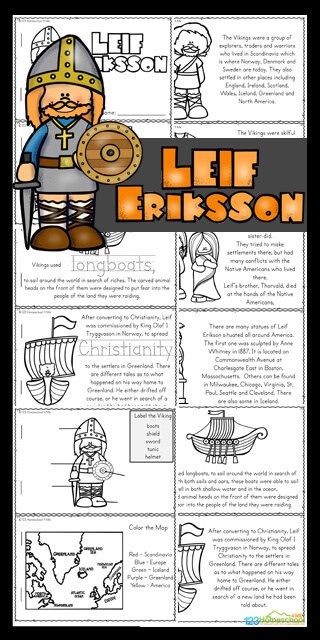 These Leif Erikson for kids Readers are a great way to work on reading skills while learning about a famous person from a different culture. Use this free leaf erickson printable as part of a Viking, Norway or Scandinavia theme for preschool, pre k, kindergarten, first grade, 2nd grade, 3rd grade, 4th grade, and 5th grade students. This is such a fun history lesson for kids.  Simply download pdf file with Leif Eriksson worksheetsand you are ready to read, play, and learn! Leif Erikson Activities, Vikings Kindergarten, Viking Projects For Kids, Viking Activities For Kids, Viking Homeschool, Viking Projects School, Viking Homeschool Unit, Viking Unit Study, Vikings Ks2