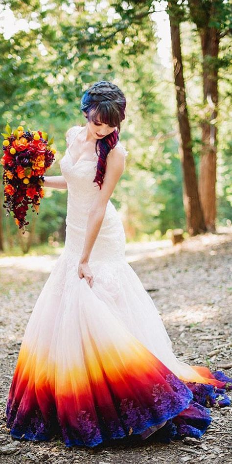 queen ann trumpet colorful wedding dresses james tang Colors Of Wedding Dresses, Colors Of Wedding, Dip Dye Wedding Dress, Dye Wedding Dress, Michael Cinco, Marsala Wedding, Wedding Dress Organza, Satin Wedding Gown, Rainbow Wedding