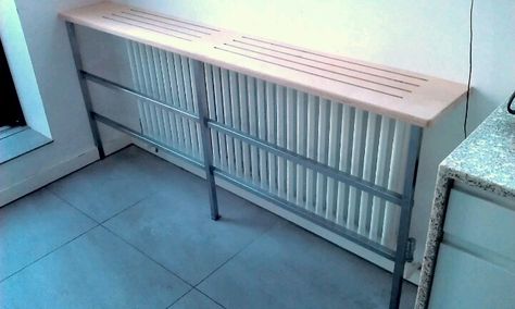 High bench over radiator for breakfast bar high table Radiator Tables, Bench Over Radiator, Hidden Radiator, Bar High Table, Bar Under Stairs, Kitchen Radiator, Breakfast Nook Table, Breakfast Table Setting, Nook Table