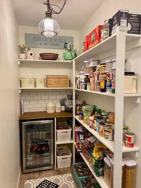 Beverage Organization Pantry, Small Pantry With Beverage Fridge, Pantry Beverage Fridge, Small Pantry With Refrigerator Inside, Walk In Pantry With Mini Fridge, Beverage Fridge In Pantry, Pantry With Beverage Fridge, Under Stairs Pantry, Narrow Pantry