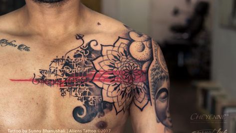 Mandala Chest Tattoo, Buddha Tattoo Sleeve, Samoan Tattoos, Aliens Tattoo, Geometric Chest, Trishul Tattoo Designs, Mantra Tattoo, Buddhist Tattoo, Buddha Tattoo Design