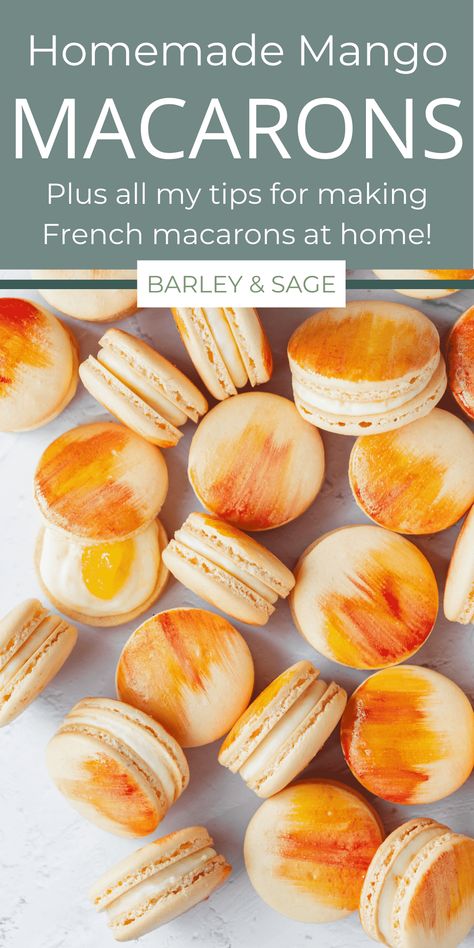 Mango Macaron Filling, Mango Macarons Recipe, Macarons Design, Mango Macarons, Mango Buttercream, Macaron Designs, Macaroon Cookies Recipe, French Macaroon Recipes, Macaron Recipes