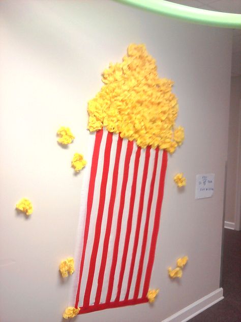 We used red and white streamers for box... yellow tissue paper for popcorn. Tissue Paper Popcorn, Circus Vbs, Popcorn Decorations, Paper Popcorn, Overnight Camp, Summer Preschool Crafts, Diy Popcorn, Cinema Decor, Church Lobby