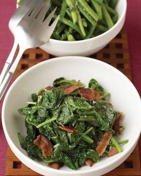 Sauteed Spinach with Bacon. Bacon and leafy greens are a match made in heaven. In this easy crowd-pleaser of a side dish, a splash of vinegar adds balance to the combination of sauteed spinach and rich, smoky bacon. Spinach With Bacon, Cooked Spinach, Spinach And Bacon, Martha Stewart Recipes, Bacon In The Oven, Sauteed Spinach, Green Bean Recipes, Spinach Recipes, Food Dinner