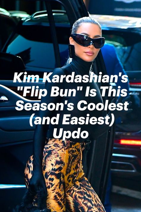 Kim Kardashian is wearing a black top and animal print pants while getting out of her car in NYC Kim Kardashian Sleek Bun, Flipped Bun Hairstyle, Flip Bun Hairstyle, Kim Kardashian Latest, Chris Appleton, Kim K Style, Bun Tutorial, Easy Updos, A Ponytail