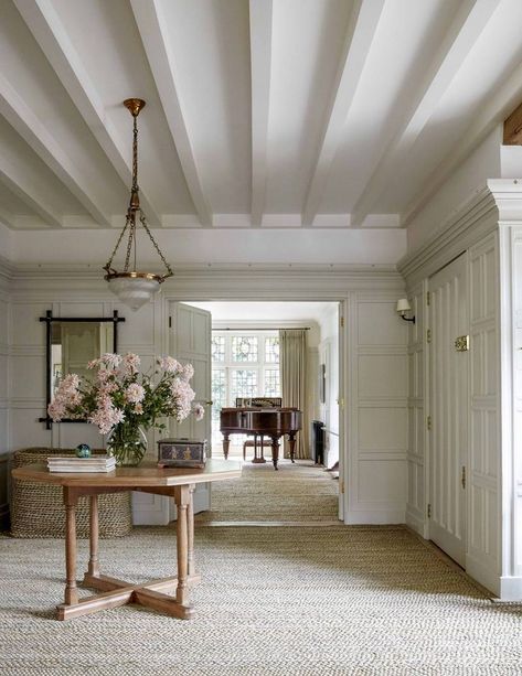 Entrance hall #hallway #interiordesignideas #interiorinspiration Arts And Crafts Interiors, Arts And Crafts House, White French, French House, Ceiling Beams, Entrance Hall, Drawing Room, Large Homes, Home Interior