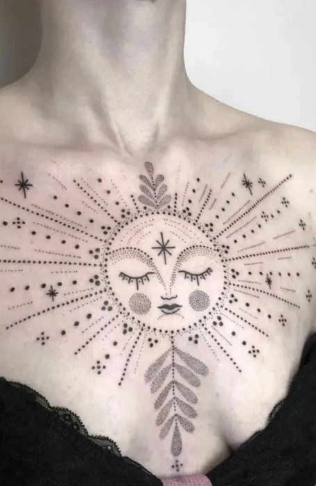 60 Sun and Moon Tattoo Designs & Meaning - The Trend Spotter Monstera Aesthetic, Sun And Moon Tattoo Designs, Couple Tattoo Design, Tattoo Designs Mandala, Best Chest Tattoos, Chest Tattoo Female Upper, Geometric Chest, Tattoo Sonne, Full Chest Tattoos