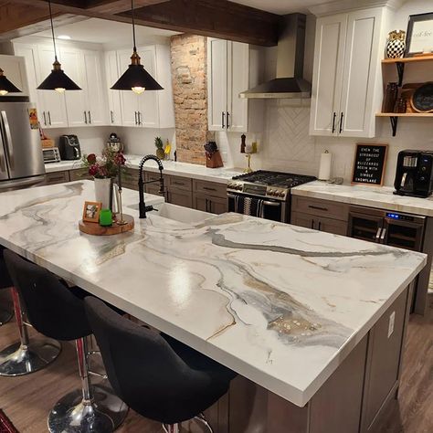 White Epoxy Countertop, Single Wide Remodel, Epoxy Countertops, Diy Home Interior, Resin Countertops, Diy Kitchen Countertops, Epoxy Countertop, Green Kitchen Cabinets, Diy Countertops