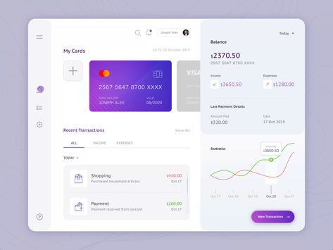 A dashboard design shows credit card transaction details.   Follow for more | RapidGems  Behance | Uplabs| Instagram Dashboard Design Template, Credit Card Website, Marketing Dashboard, Dashboard Interface, Plant App, Card Ui, Ui Design Patterns, Business Card Design Inspiration, Ui Design Website