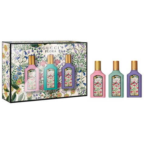 Set Description: Celebrate the festive season with this Gucci Flora perfume gift set for her.About the Fragrance: Flora Gorgeous Gardenia Eau de Parfum is a delicious potion of joy unfolding with pear blossom combined with the delicate, sweet, captivating aroma of patchouli and brown sugar. Flora Gorgeous Jasmine Eau de Parfum is a radiant composition led by Grandiflorum jasmine with sandalwood and benzoin base notes. Flora Gorgeous Magnolia Eau de Parfum is a sublime fusion of magnolia essence, Gucci Flora Perfume, Sephora Holiday, Gucci Perfume, Gucci Flora, Pear Blossom, Gucci Floral, Gift Sets For Her, Perfume Set, Sephora Beauty