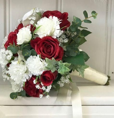 Bridesmaid Red, Red Rose Bridal Bouquet, Red Rose Bouquet Wedding, White Carnations, Hacienda Wedding, Red And White Weddings, Red Wedding Theme, Artificial Wedding Bouquets, Red Bouquet Wedding