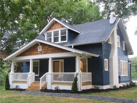 Navy Bungalow Exterior, Blue Craftsman House Exterior, Blue Craftsman Exterior, Dark Blue House Exterior With Wood Craftsman, Woodlawn Blue Exterior House, Craftsman Home Exterior, Craftsman Bungalow Exterior, Craftsman Remodel, Craftsman Cottage