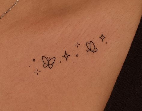 Butterfly With Stars Tattoo Design, Stars And Butterfly Tattoos, Small Butterfly Tattoo On Wrist Simple, Butterfly And Sparkle Tattoo, Butterfly And Star Tattoo, Butterfly Stars Tattoo, Butterfly With Sparkles Tattoo, Butterfly Sparkle Tattoo, Stick And Poke Butterfly