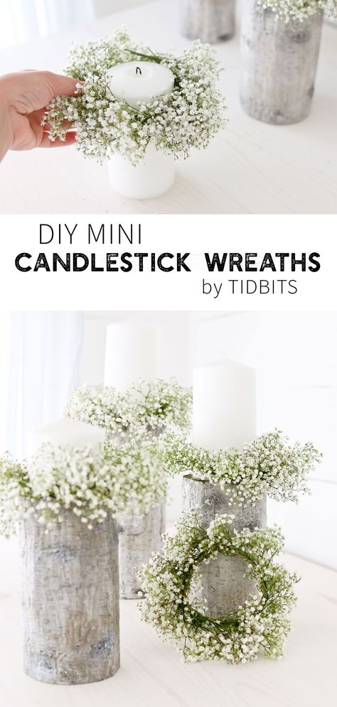 Everything is cuter in mini size! Click for how to make these DIY Mini Candlestick Wreaths, or sometimes called candle rings. Decor for weddings, centerpieces, or a vignette in your home. #candlestick #wreaths #wreath #mini #miniwreath #candlerings #candlering #camitidbits #babysbreath #weddingdecor #vignette #candle Spring Candle Centerpieces, Diy Candle Rings How To Make, Candle Rings Diy, Wedding Diy Decorations, Spring Candle Holders, Candle Rings Centerpiece, Wedding Candles Diy, Candelabra Wedding Centerpieces, Candles Ideas