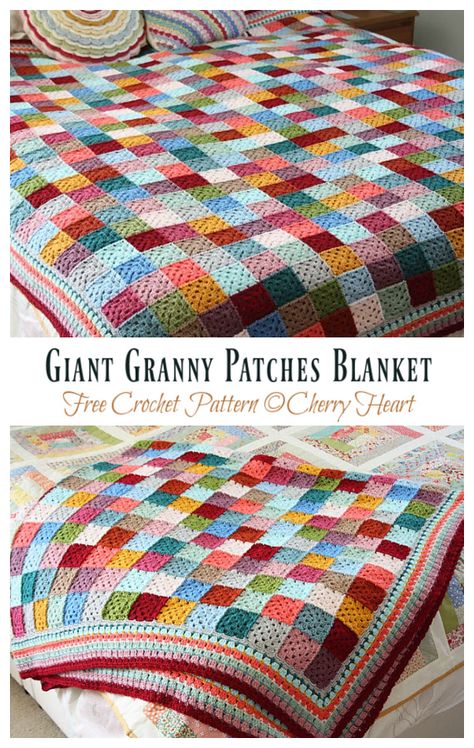 Giant Granny Patches Blanket Crochet Free Pattern - Crochet & Knitting Patchwork Crochet Blanket Pattern Free, Patchwork Granny Square Blanket, Giant Granny Square Blanket, Patchwork Crochet Blanket, Patch Blanket, Crochet Patches, Giant Granny Square, Crochet Patchwork Blanket, Lee Perry