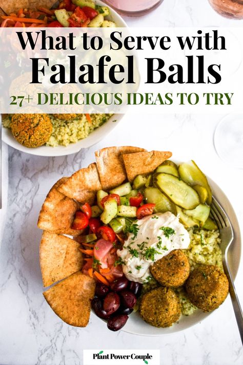 Overhead photo of a bowl of falafel balls with pita triangles, couscous, pickles, vegan feta sauce, cucumber tomato salad, and pickled veggies. Text reads: what to serve with falafel balls, 27+ ideas to try How To Eat Falafel, Falafel Bowl Meal Prep, Greek Falafel Bowl, What To Make With Falafel, Falafel Platter Ideas, Falafel Meal Ideas Dinners, How To Serve Falafel, Falafel Bowl Sauce, Recipe With Falafel