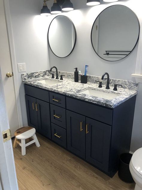 Blue Counter Top Bathroom, Black Shower Fixtures, Bathroom Double Sink, Black Cabinets Bathroom, Navy Cabinets, Navy Blue Bathrooms, Dark Counters, Navy Bathroom, Blue Bathroom Vanity