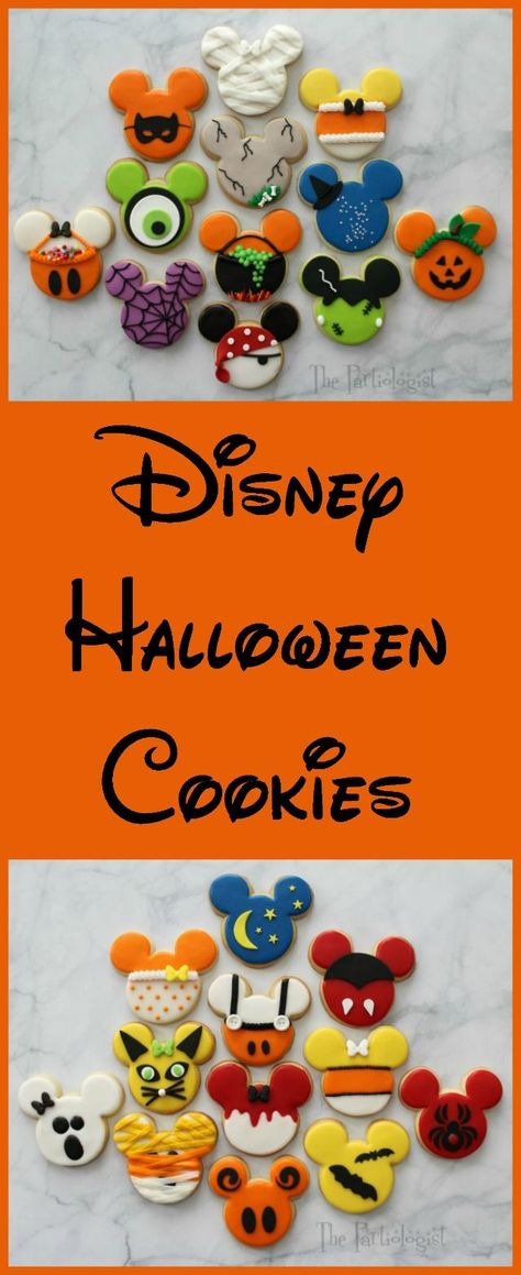 You are in for a treat, no tricks just treats.  My plan was to make a dozen Disney themed Halloween cookies for my sister, but then I start... Halloween Disney Cookies, Buttercream Birthday Cookies, Disney Halloween Cake, Birthday Ideas For Sister, Minnie Treats, Pasteles Halloween, Postres Halloween, Cookies Halloween, No Tricks Just Treats