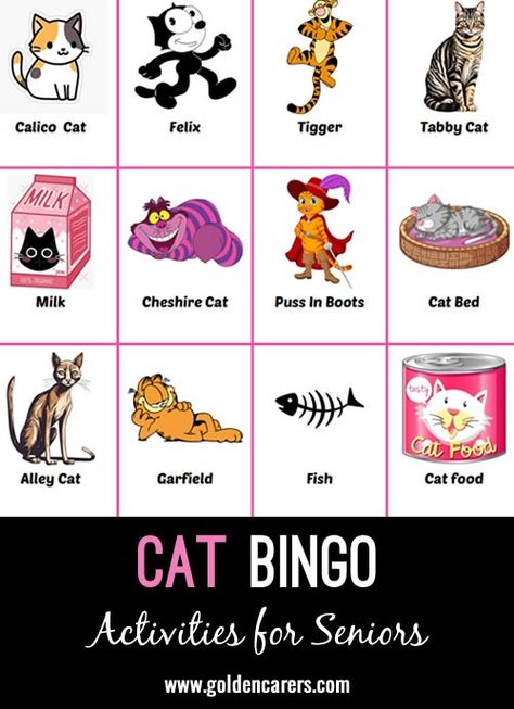 Cat Bingo Bingo Free Printable, Volunteer Ideas, Recreational Therapist, Nursing Home Activities, Recreation Therapy, Easter Templates, Elderly Activities, Armchair Travel, Activity Director