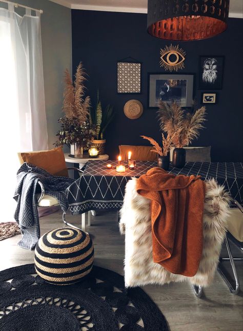 Dark Western Boho Living Room, Tan And Black Bedroom, Viking Interior, Spooky Apartment, Project Room, Dark Home Decor, Loft Decor, Black Bedroom, Bus Conversion