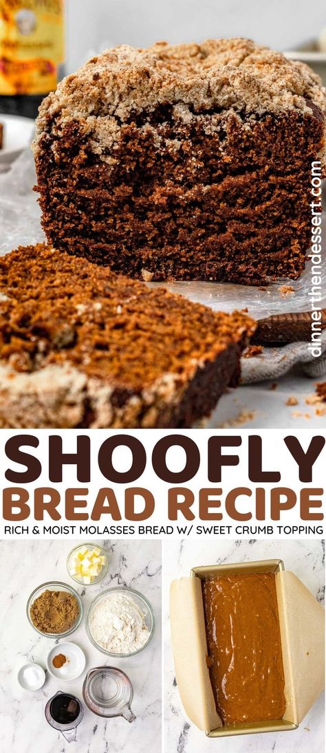 Shoofly Bread is a quick bread with the warm sweet flavors of the classic pie made with molasses, brown sugar, cinnamon, and crumb topping. Molasses Bread Sweet, Gluten Free Molasses Bread, Molasses Sourdough Bread, Bread Machine Quick Bread Recipes, Sourdough Molasses Brown Bread, Molasses Loaf, Molasses Desserts, Recipes With Molasses, Brown Bread Recipes