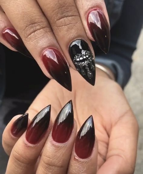 Wine Red And Black Nails, Black Red Ombre Nails, Salem Nails, Red And Black Nails Short, Black Nails Short, Black To Red Ombre, Red Ombre Nails, Stiletto Nails Short, Birthday Nail