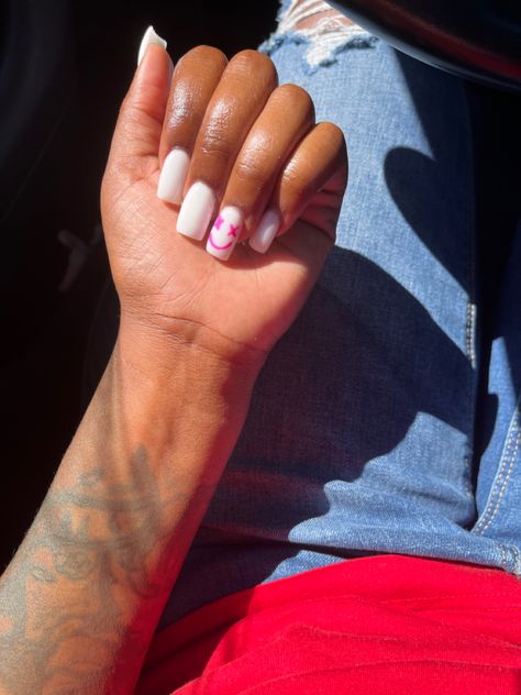 White Nails With X Smiley Face, Pink Acrylic Nails With Smiley Face, Orange Nails With Smiley Face, Short Acrylic Nails With Smiley Faces, X Eyes Smiley Face Nails Acrylic, French Nails With Smiley Face, Short Smiley Face Nails, X Smiley Face Nails, X Eyes Smiley Face Nails