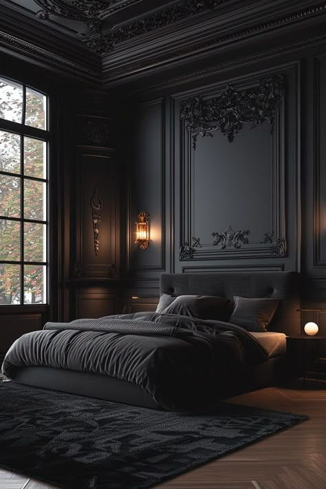 29 Goth Bedroom Ideas to Create a Mysterious and Enchanting Space 7 Dark Aesthetic Room, Goth Bedroom Ideas, Dark Cozy Bedroom, Dark Blue Bedroom, Goth Houses, Bedroom Decor Dark, Goth House, Goth Room, Blue Bedroom Ideas