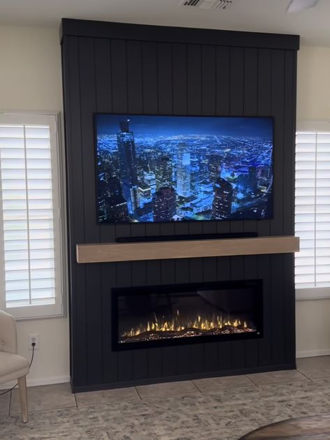 Floating Tv Stand With Fireplace, Black Vertical Shiplap Fireplace, Vertical Shiplap Fireplace Wall, Tv And Fire Wall Ideas Modern, Media Wall With Fireplace And Tv, Fireplace Column, Mantle Decorating Ideas With Tv, Black Fireplace Wall, Built In Fireplace