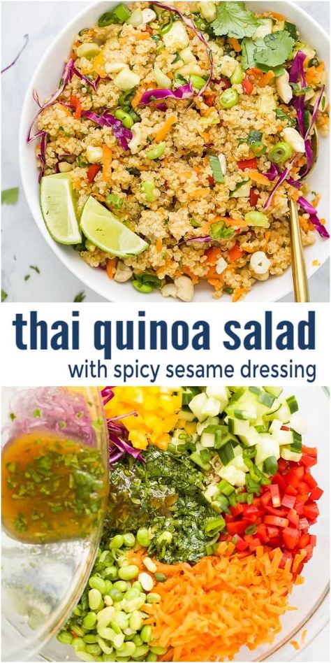 An easy Thai Quinoa Salad filled with fluffy quinoa, cucumber, peppers, carrots, cabbage, edamame and cashews all tossed with a sesame ginger dressing for the ultimate bite. It's a light & refreshing side that keeps on giving, perfect for lunch too! #thaisalad #saladrecipe #summersides #bbqsideideas #quinoa #glutenfreerecipes Thai Quinoa Crunch Salad, Spicy Quinoa Salad, Coconut Lime Quinoa Salad, Quinoa Salad Edamame, Sprouted Quinoa Recipes, Quinoa And Edamame Salad, Summer Quinoa Salad Recipes Cold, Publix Quinoa Salad Recipe, Easy Dishes For A Crowd