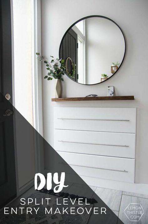 DIY Split Level Entry Makeover- I LOVE this entry. The oversize door, scandi influence and that shoe storage!  #HomeDecor #DIY #HomeDecorating #HomeStyle #EntrywayIdeas House Entrance Tiles, Entrance Tiles, Split Level Entry, Split Entry Remodel, Entry Makeover, Storage Entryway, Split Level Remodel, Split Entry, Split Foyer