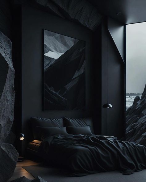 BLACKOUT Black Luxury House, Dark House Aesthetic, Black Bedroom Design, Cozy Fall Bedroom, Dark Bedroom, Dark Home Decor, Fall Bedroom, Smart Home Design, Black Bedroom