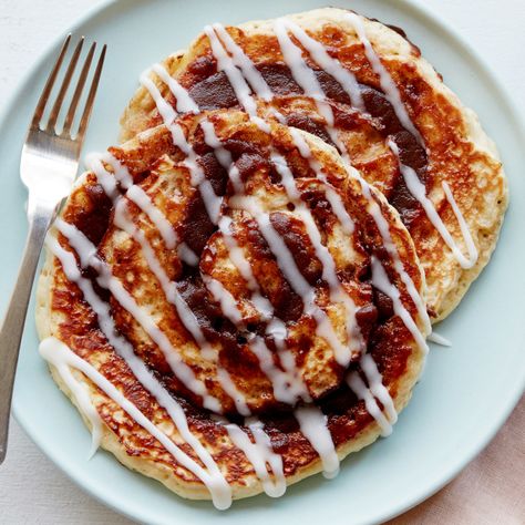 Cinnamon Bun Pancakes, Recipes With Videos, Measuring Flour, Cinnamon Icing, Clean Eating Salads, Clean Eating Chicken, Cinnamon Pancakes, Breakfast Specials, Kitchen Cook