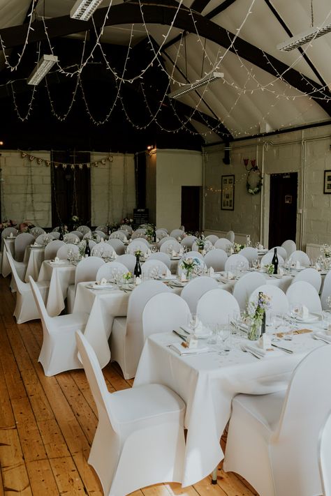 Community Hall Wedding Decorations, Village Hall Wedding Reception, Hall Decoration Ideas Party, Yacht Wedding Decor, Hall Wedding Decorations, Chair Covers Wedding Reception, Community Hall Wedding, Wedding Fairy Lights, Hall Wedding Reception