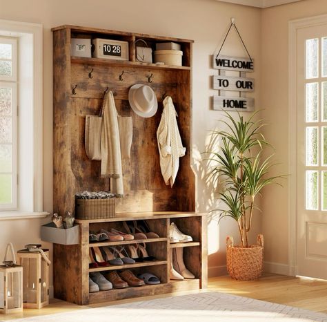 Aiho Entryway Hall Tree with Bench and Storage, 3-in-1 Hall Tree with Coat Rack, Adjustable Shoe Storage, 2-Tier top Storage, for Hallway, Entryway, Bedroom, Rustic Brown Cabin Mud Room, Hallway Coat Storage, Interior Design Final Project, Cabin Mudroom, Entryways Ideas, Entryway Bench Coat Rack, Shoe Storage Wood, Ranch House Kitchen, Benches Entryway