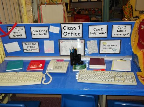 The Office ... very popular with the boys ... lots of writing opportunities! Office Role Play Eyfs, Office Dramatic Play, Reception Class, Purposeful Play, Role Play Areas, Eyfs Classroom, Play Corner, Early Years Foundation Stage, Dramatic Play Preschool