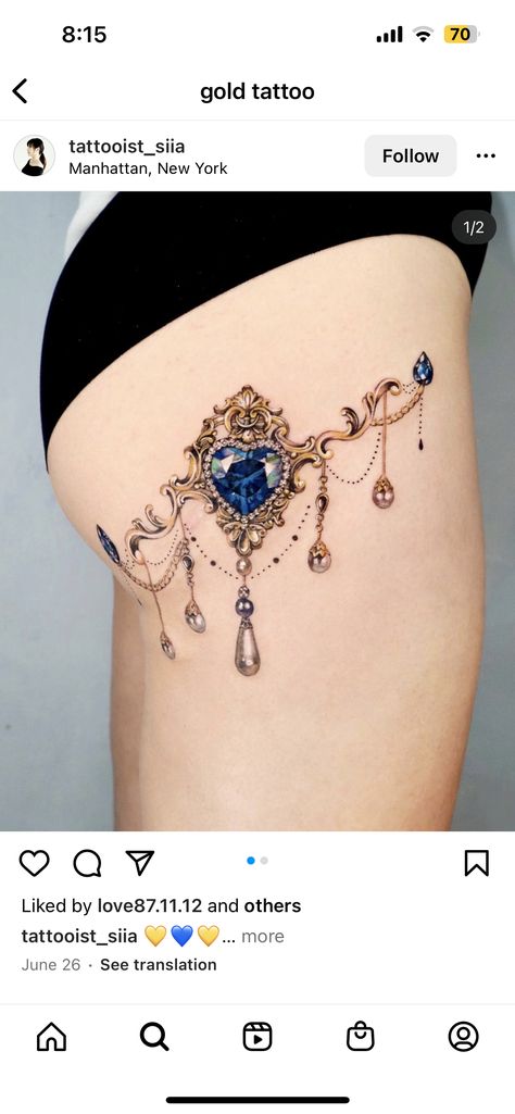 Roses And Diamond Tattoo, Dangle Tattoo, Diamond Tattoo Designs For Women, Bejeweled Tattoo, Feminine Sternum Tattoo, Bead Tattoo, Jewellery Tattoo, Jewel Tattoos, Lace Thigh Tattoos