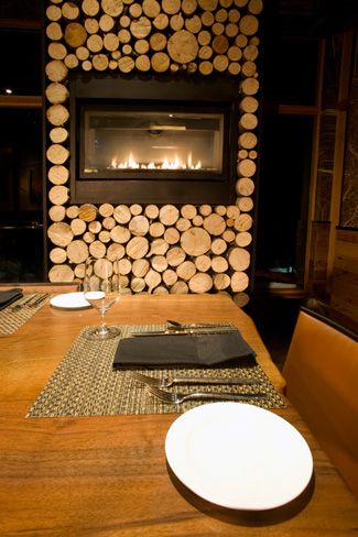 wall fireplace Log End Wall, Restaurant Board, Log Decor, Log Fireplace, Wall Fireplace, Log Wall, Birch Logs, Cabin Exterior, Feature Walls