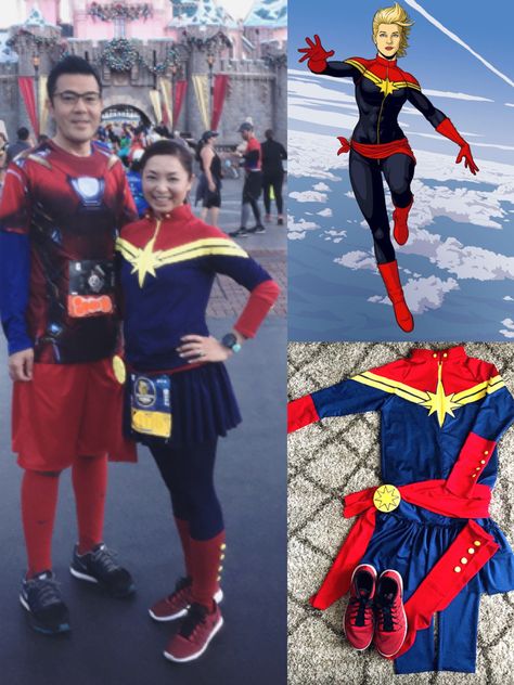 Captain Marvel Diy Costume, Marvel Running Costumes, Diy Captain Marvel Costume For Women, Captain Marvel Disneybound, Disney Half Marathon Outfits, Captain Marvel Halloween Costume, Halloween Running Costumes, Disney Running Outfits, Princess Running Costume