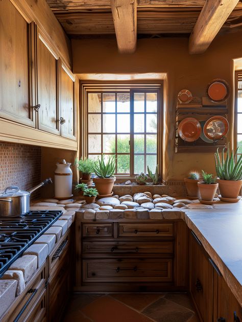 25 Southwest Rustic Decor Inspirations for a Desert Vibe Modern Cowboy Kitchen, Spanish Villa Kitchen, Spanish Kitchen Design, Southwest Aesthetic, Modern Mexican Decor, Villa Kitchen, Terracotta Kitchen, Southwest Kitchen, Southwest Furniture