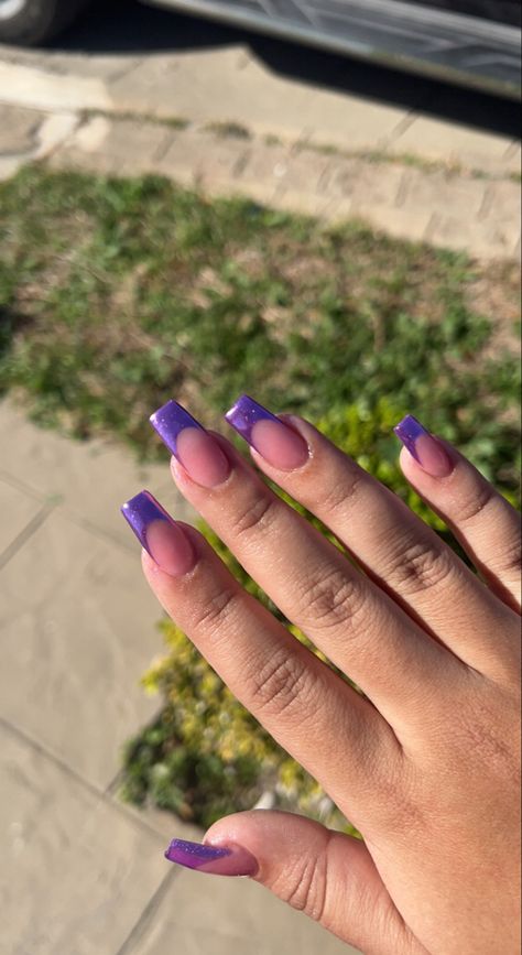 Dark Purple Prom Nails Acrylics, Sparkly Purple French Tip Nails, Purple Chrome French Tip Nails, Purple Glitter French Tip Nails, Dark Purple French Tip Nails, Purple Square Nails, Purple French Nails, Purple French Tip Nails, Purple French Tips