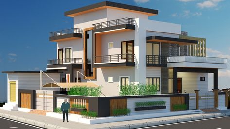 house elevation Corner Plot House Design, Corner Plot Elevation Design, Duplex Elevation, Elevation Render, Townhome Inspiration, Modern House Elevation, 60 House, Wooden Door Frame, Building Front Designs