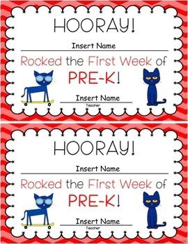 Pete the Cat First week of School Certificates... by Pre-K Learning Circle | Teachers Pay Teachers Pete The Kittys First Day Of Preschool, Pete The Cat First Day Of Preschool, Pete The Cat First Day Of School, Pete The Cat Name Craft, Pre K First Week Of School Activities, Prek Learning, Preschool Certificates, Cat School, School Age Activities